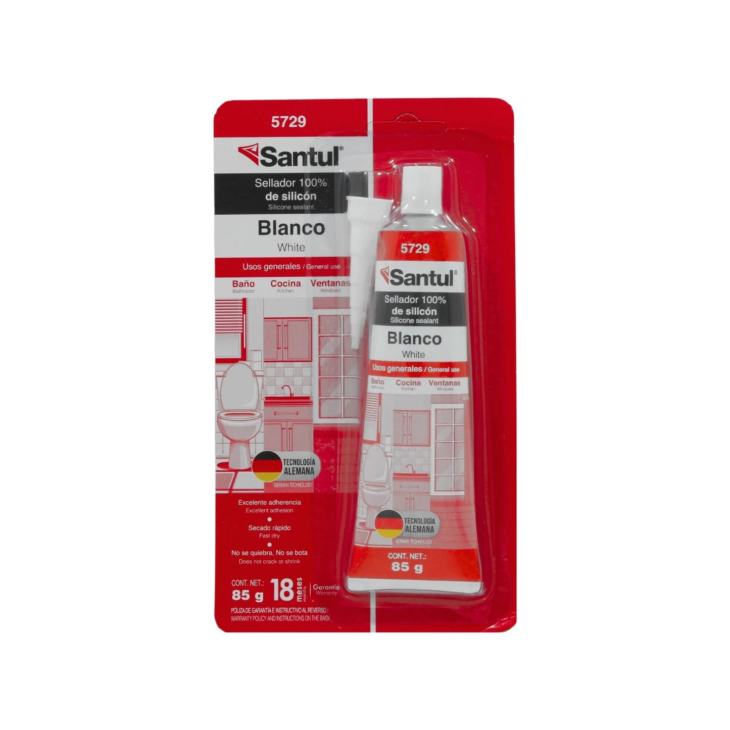 Sellador de silicón blanco Santul 85g para baño, cocina y ventanas, alta adherencia y secado rápido