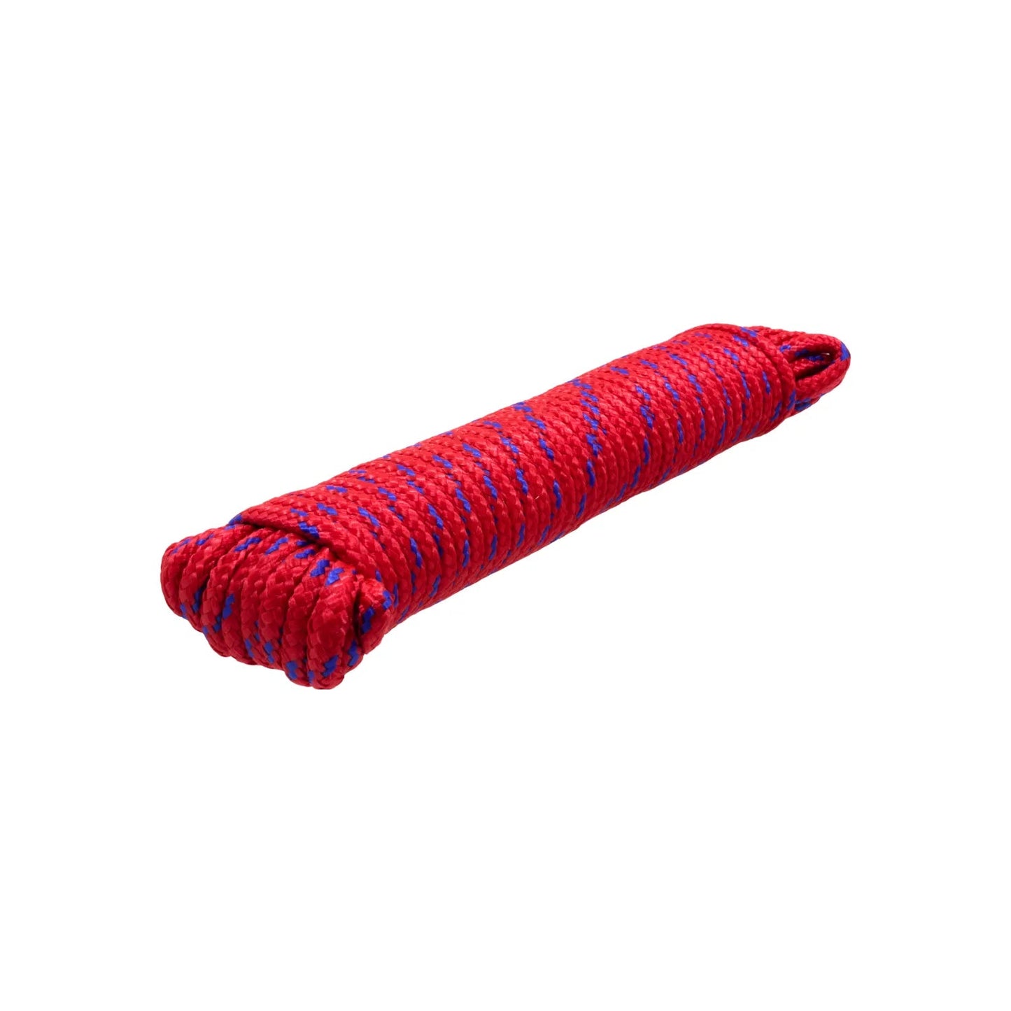 Cuerda resistente de poliéster roja y azul, enrollada, para ferretería, camping y tareas generales.