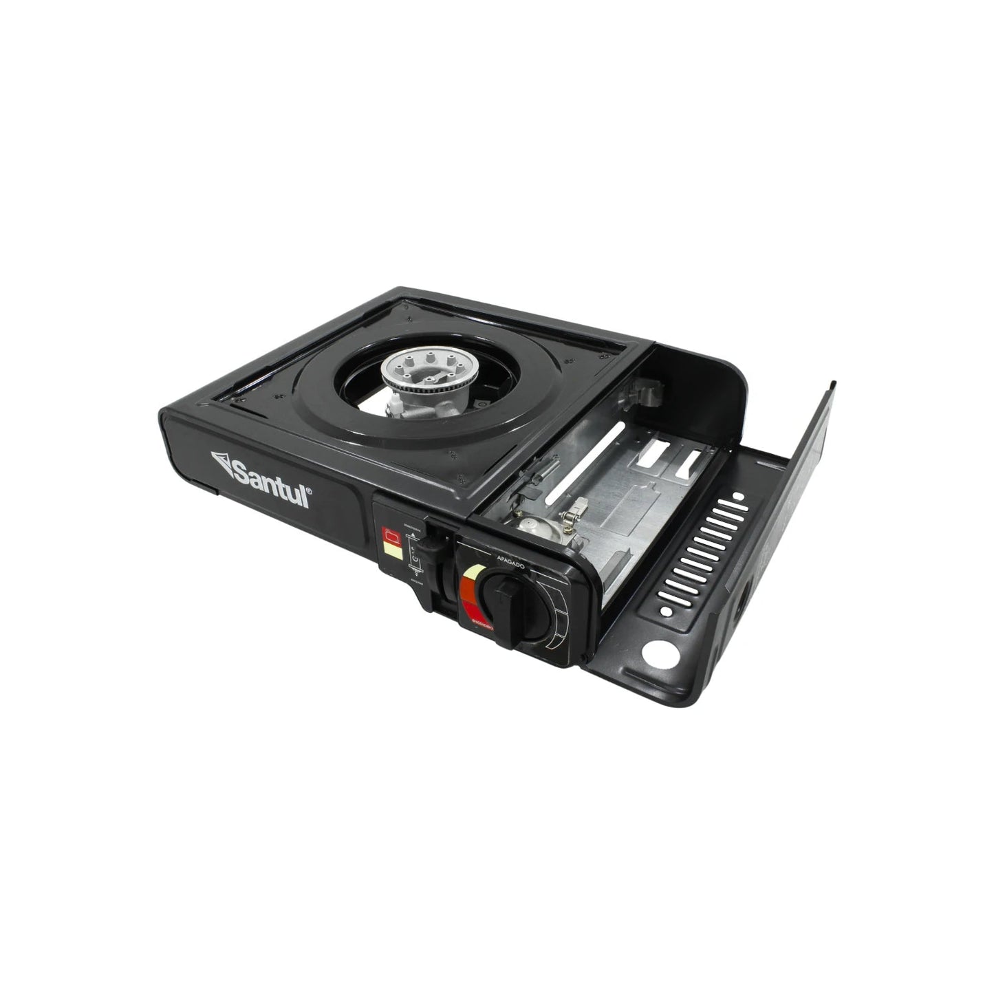 Estufa portátil de gas Santul negra con un quemador, compacta, para camping y uso al aire libre.