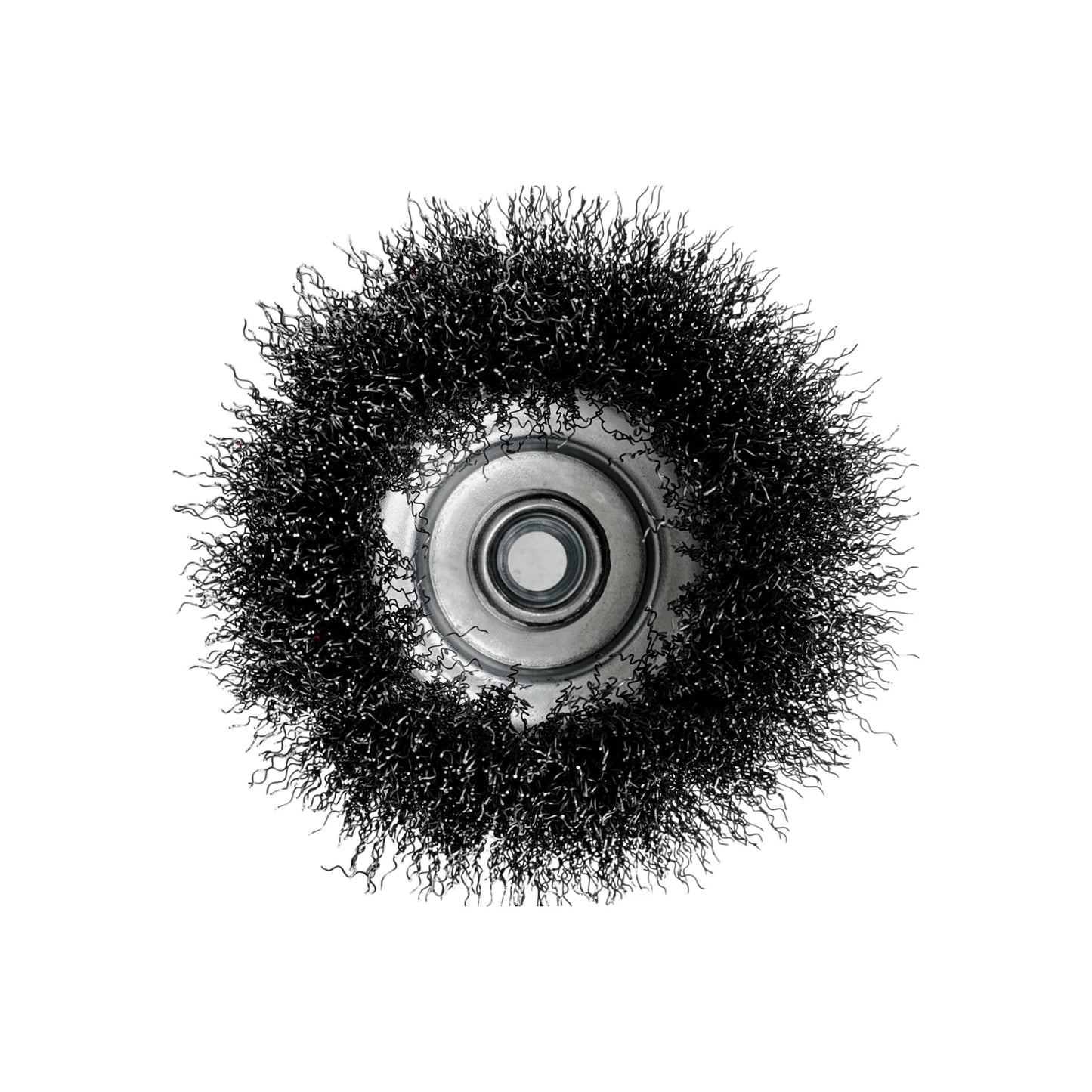 Carda de copa de acero ondulado negro para esmeriladora, ideal para desbaste y limpieza de óxido y pintura.