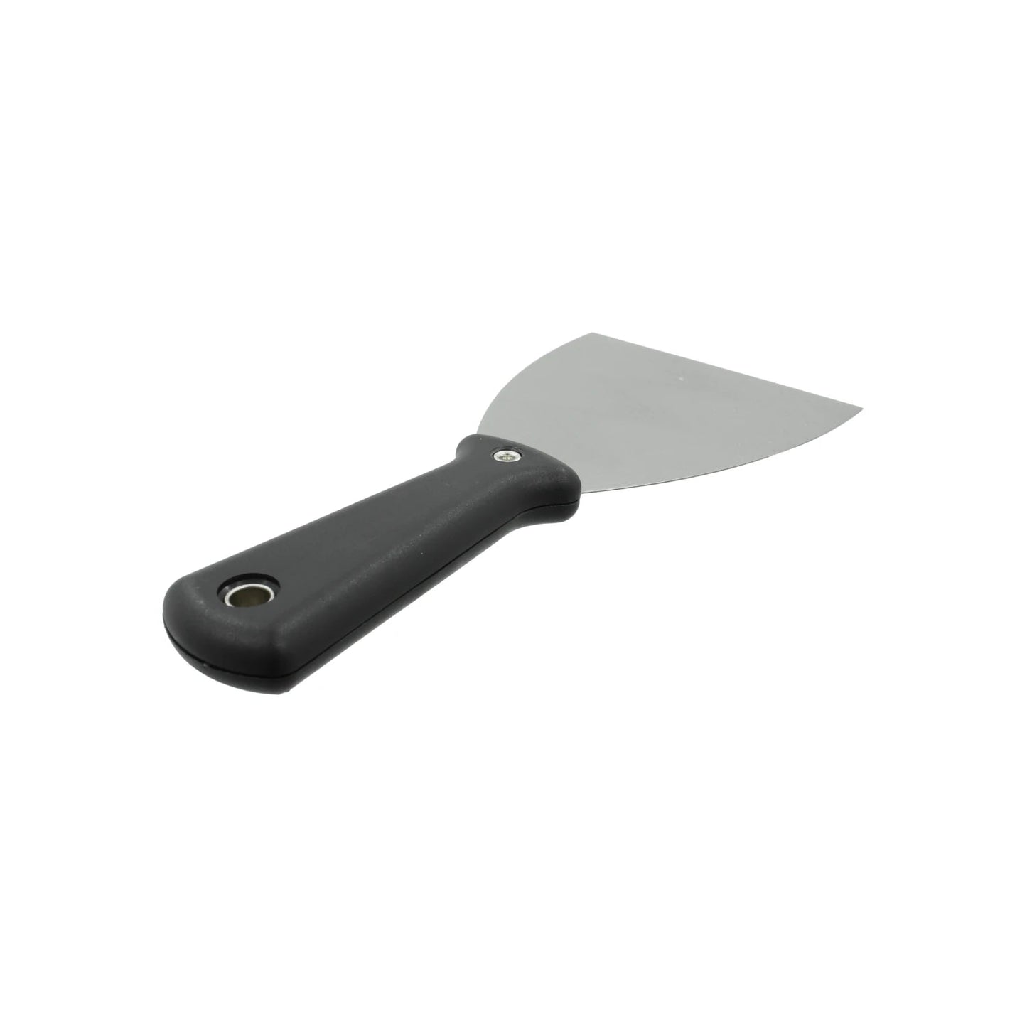 Espátula de 4 pulgadas con hoja metálica y mango de plástico negro para masilla y pintura.