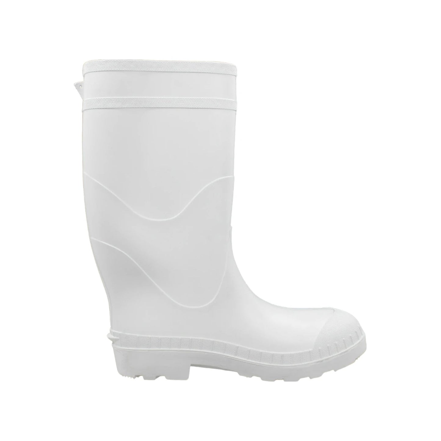 Bota de hule blanca sanitaria, impermeable, para protección en ambientes de trabajo limpios.