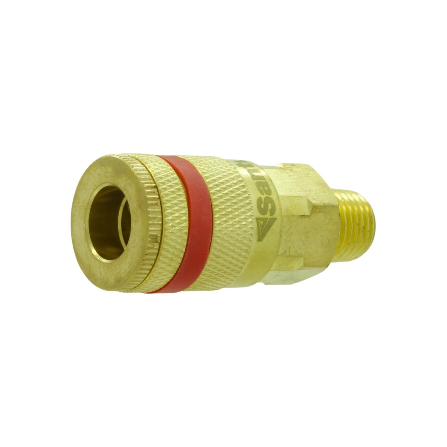 Cople rápido Santul 1/4" macho de latón para compresora, conexión roscada, con anillo rojo.