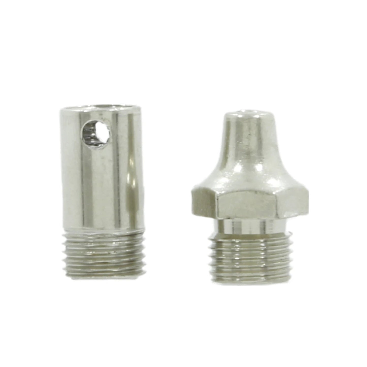Boquilla cónica y conector cilíndrico roscado metálico para pistola de sopletear, acabado brillante.