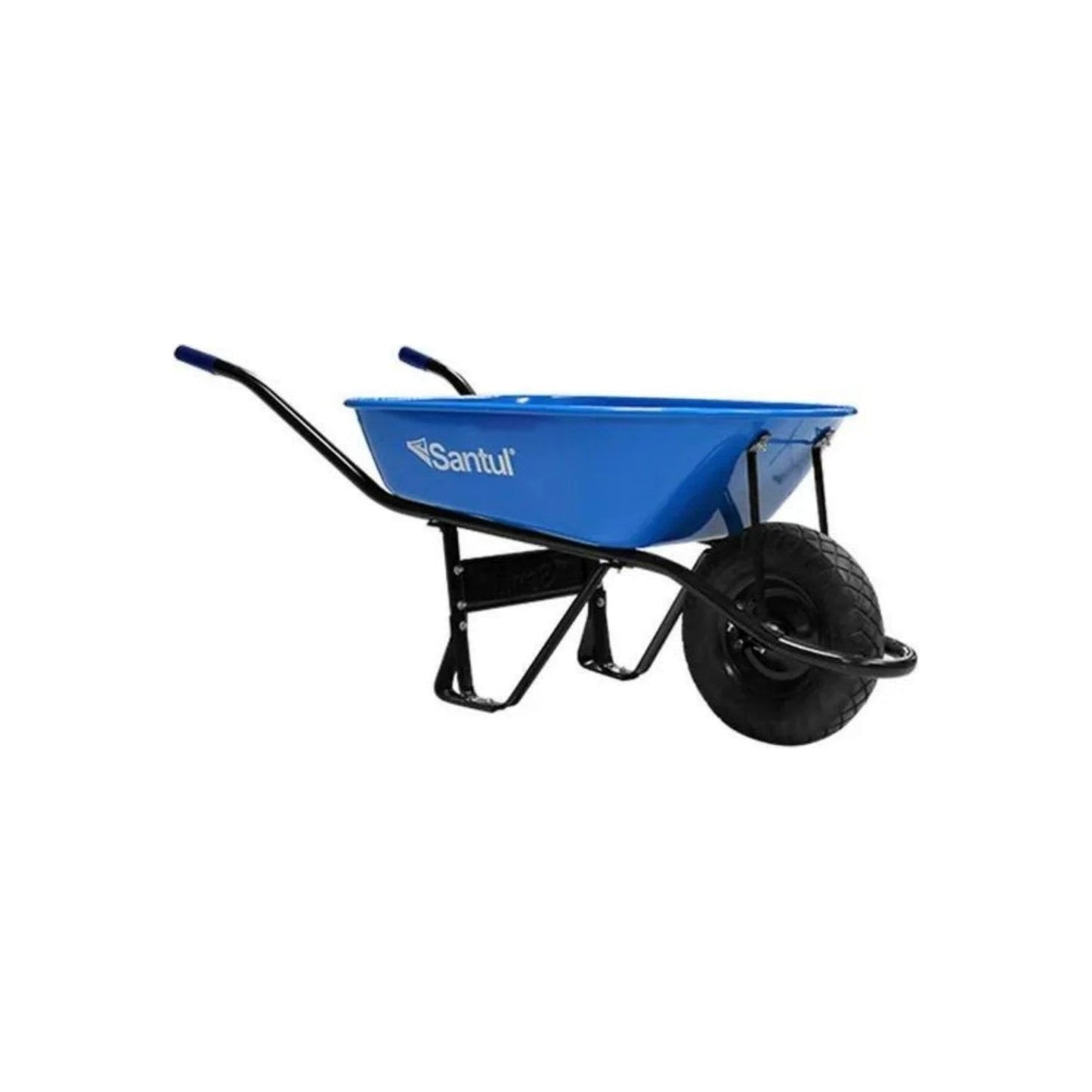 Carretilla azul Santul con cubeta profunda para jardín y obra, ideal para transportar materiales y escombros.