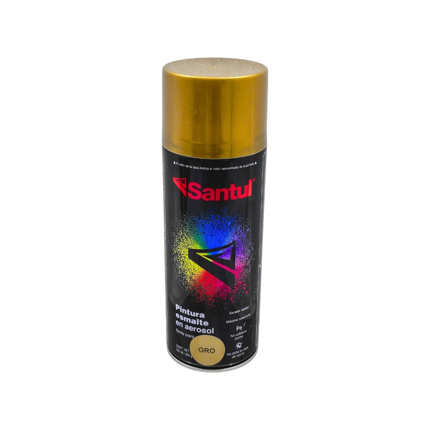 Pintura esmalte en aerosol Santul oro metálico 300ml, secado rápido, máxima cobertura para trabajos de ferretería.