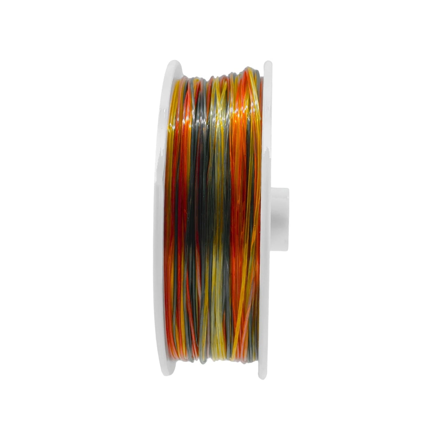 Hilo de pesca multicolor rojo, naranja, amarillo, gris en carrete blanco.
