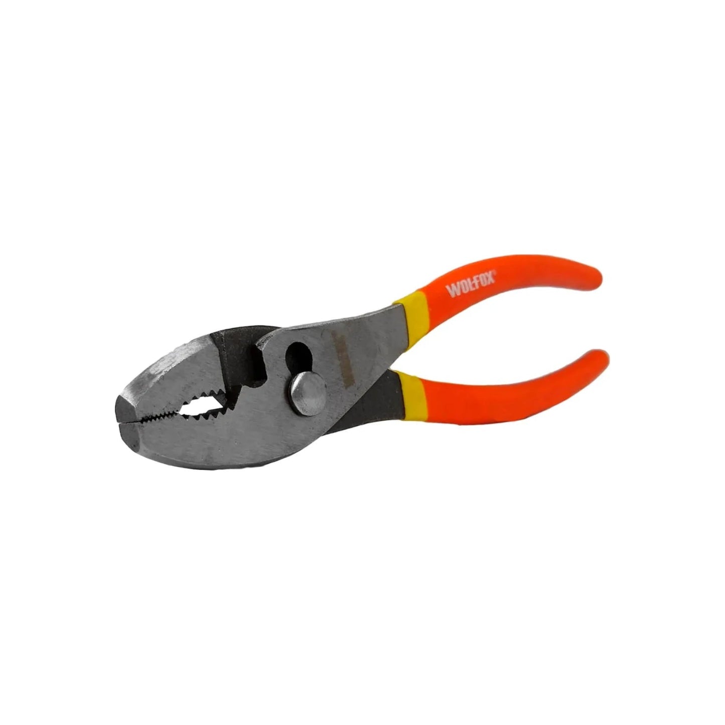 Pinza de chofer Wolfox con mango ergonómico naranja y amarillo, mordaza dentada para agarre seguro, herramienta esencial.