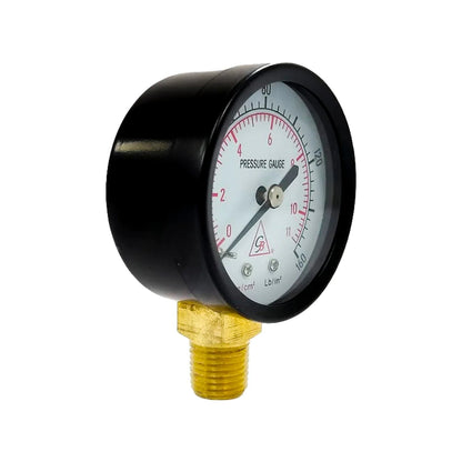 Manómetro de presión 160 PSI / 11 kg/cm² con carcasa negra y conexión roscada de latón.