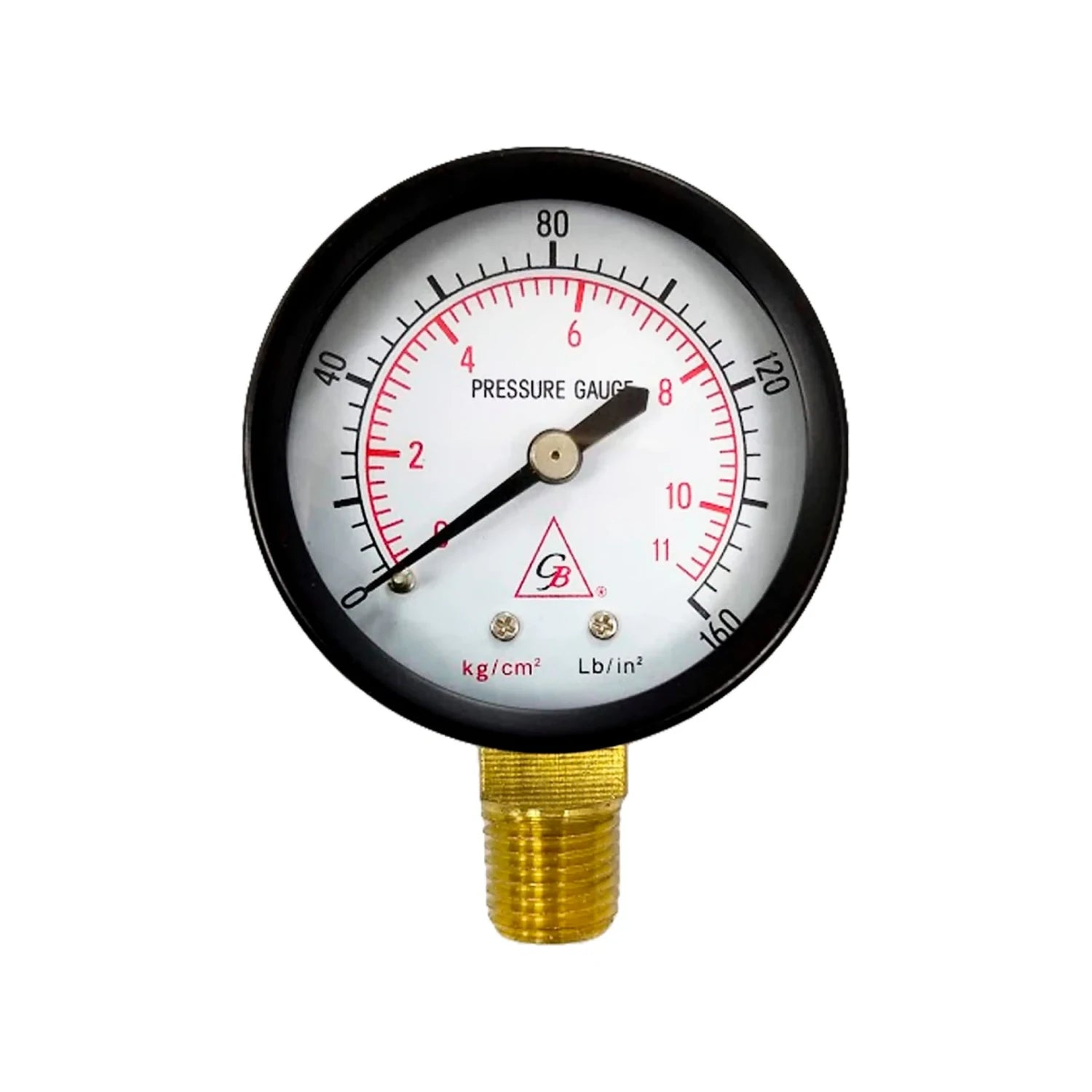 Manómetro de presión GB, 160 Lb/in² y 11 kg/cm², con conexión roscada de latón y carcasa negra.