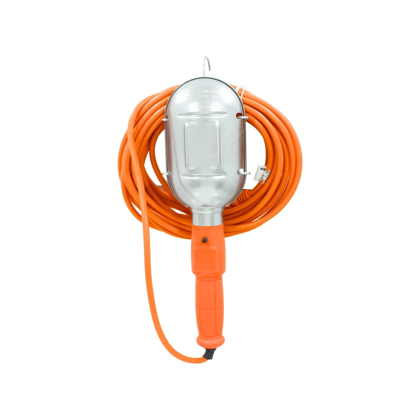 Lámpara de trabajo portátil de mano con cable naranja, mango ergonómico y rejilla metálica para taller