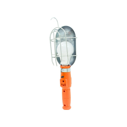 Lámpara de trabajo portátil con jaula protectora, gancho para colgar y mango ergonómico naranja para taller