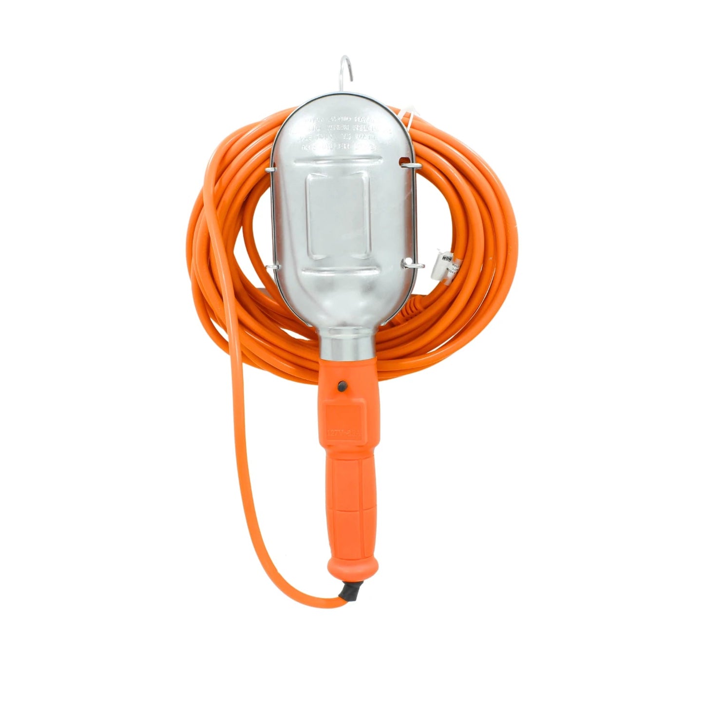 Lámpara de trabajo portátil con cable de extensión naranja de 15 metros, gancho y mango ergonómico