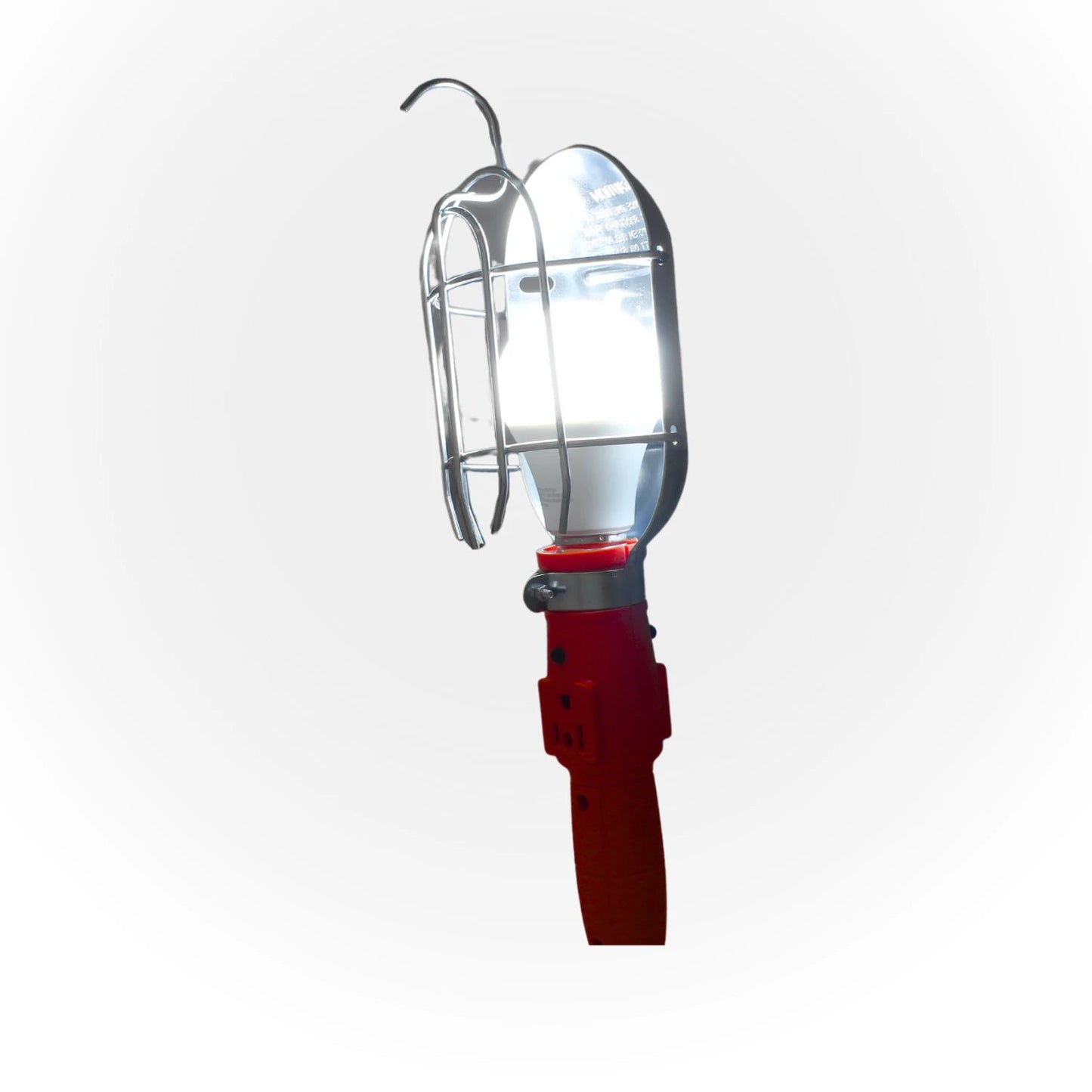 Lámpara de trabajo portátil con gancho y rejilla metálica, mango rojo, ideal para iluminación en taller o garaje