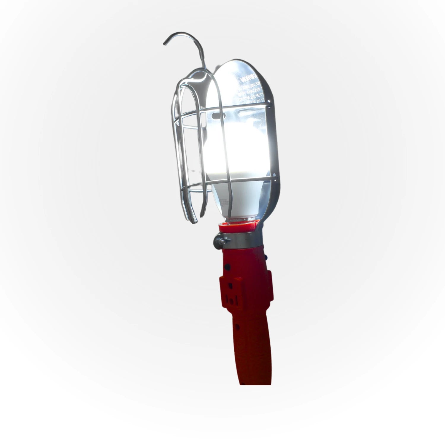 Lámpara de trabajo portátil con gancho y rejilla metálica, mango rojo, ideal para iluminación en taller o garaje