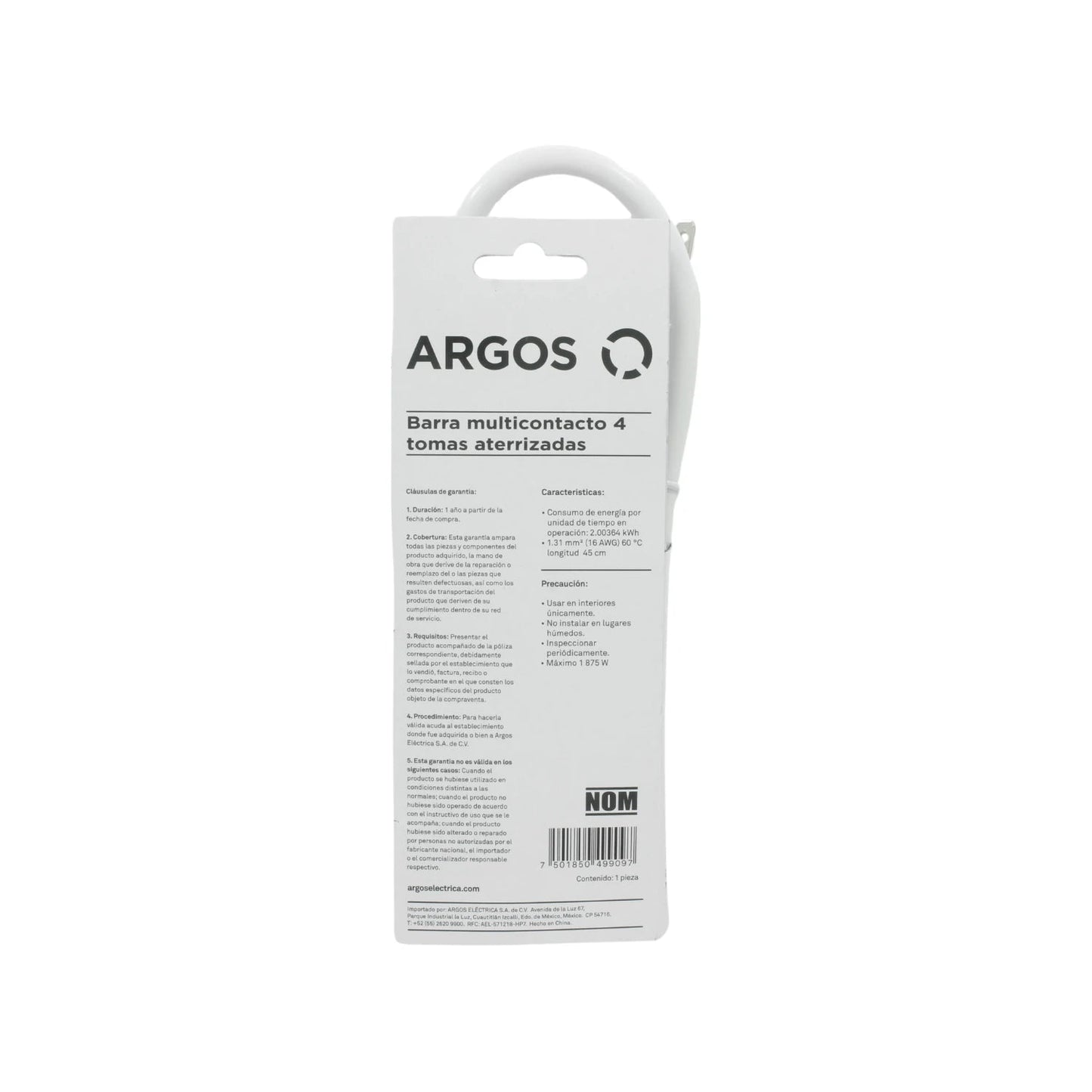 Barra multicontacto Argos blanca 4 tomas aterrizadas, extensión eléctrica de seguridad 1875W.