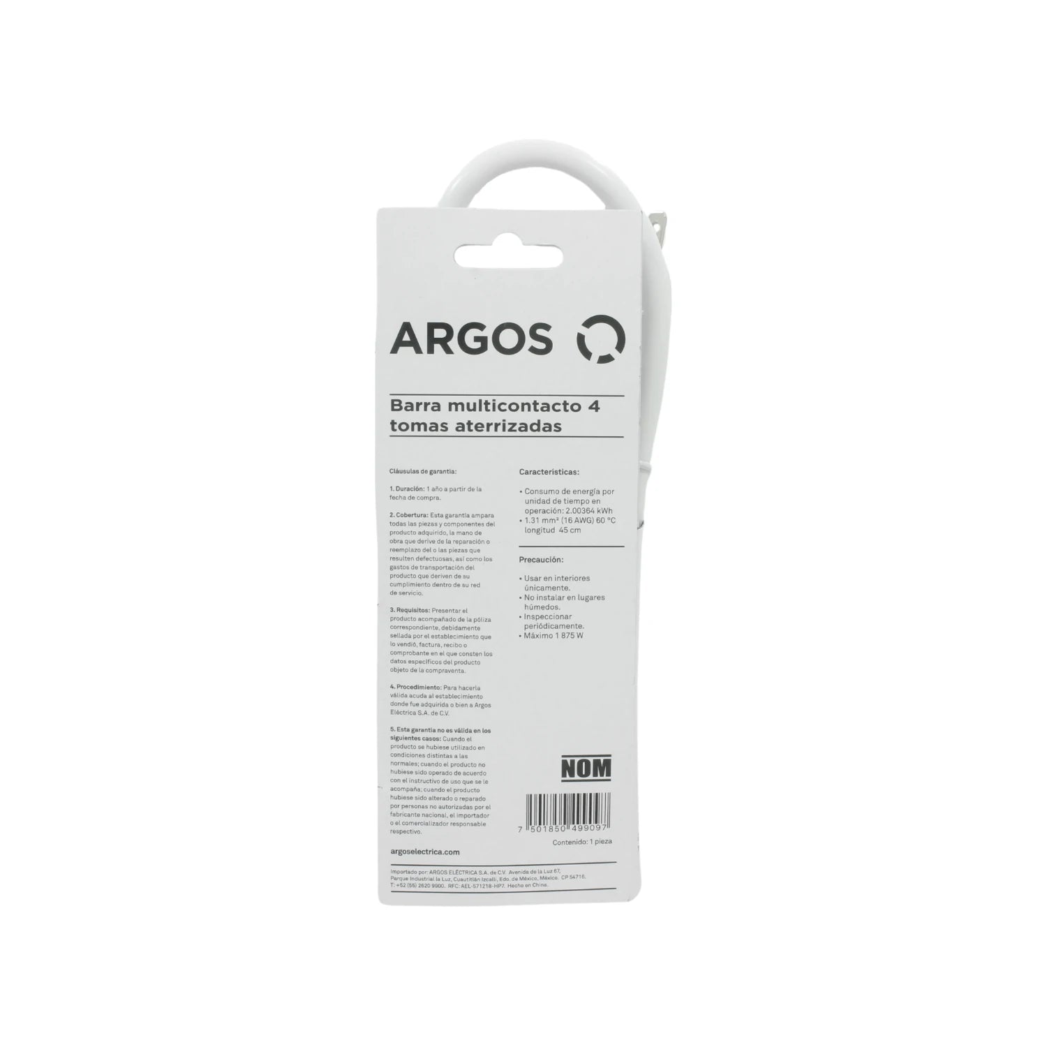 Barra multicontacto Argos blanca 4 tomas aterrizadas, extensión eléctrica de seguridad 1875W.