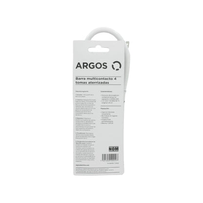 Barra multicontacto Argos blanca 4 tomas aterrizadas, extensión eléctrica de seguridad 1875W.