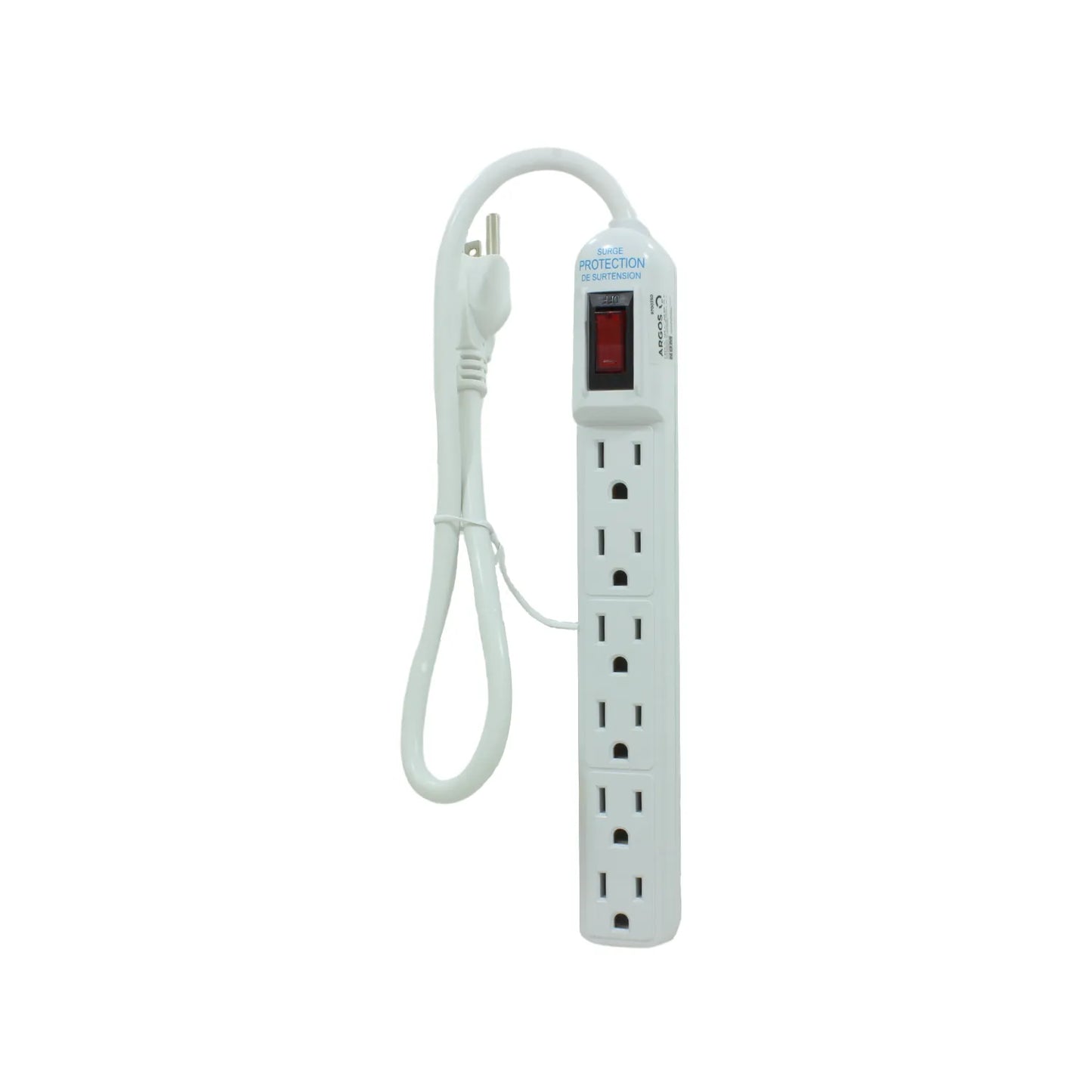 Regleta blanca de 6 tomas con protector de sobretensión e interruptor de encendido