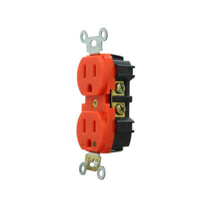 Contacto dúplex naranja 125V para uso rudo, tomacorriente eléctrico con terminales de tornillo visible.