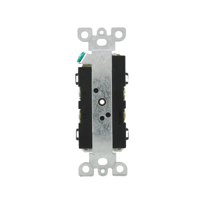 Contacto dúplex eléctrico aterrizado, vista lateral. Muestra terminales para cableado y placa de montaje de metal.