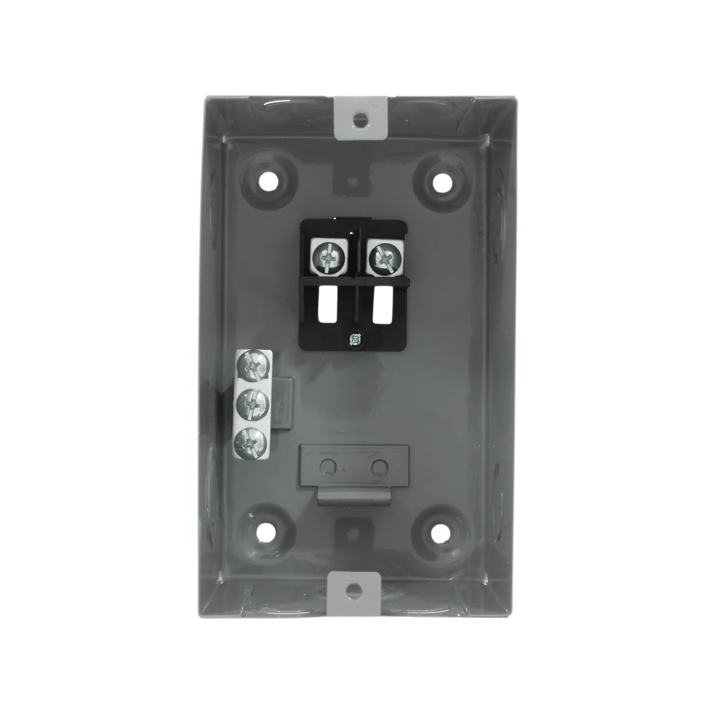 Centro de carga metálico gris de 2 pastillas para sobreponer, con terminales para interruptores y barra de tierra.