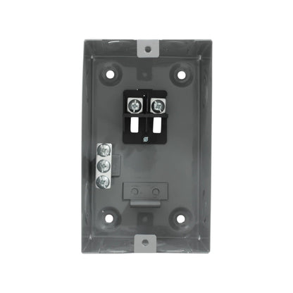 Centro de carga metálico gris de 2 pastillas para sobreponer, con terminales para interruptores y barra de tierra.