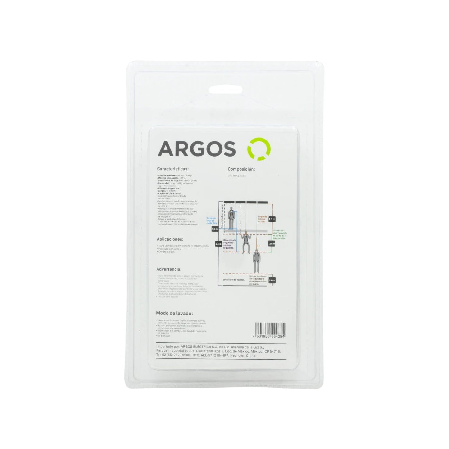 Empaque de cable de seguridad Argos con amortiguador, especificaciones y diagramas de uso para trabajo en altura.