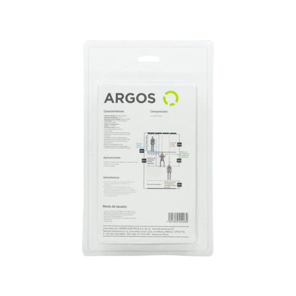 Empaque de cable de seguridad Argos con amortiguador, especificaciones y diagramas de uso para trabajo en altura.