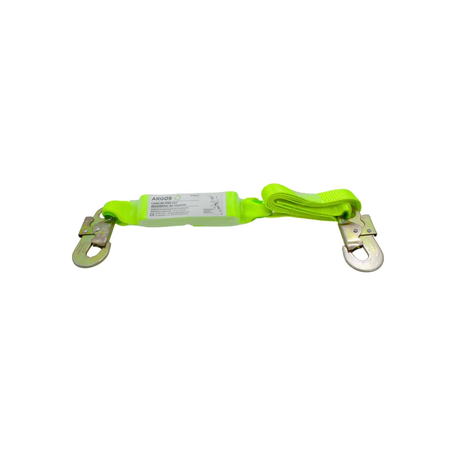 Línea de vida Argos con absorbedor de impacto, color verde fluorescente, con dos mosquetones de seguridad.
