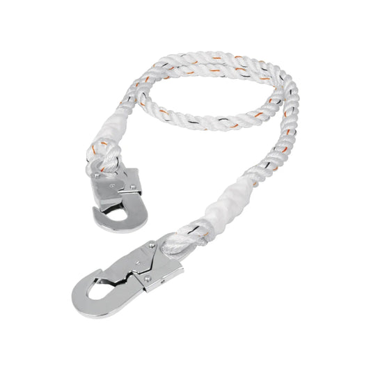 Cable de seguridad trenzado blanco con dos ganchos mosquetón de acero para anclaje anticaídas en trabajos de altura