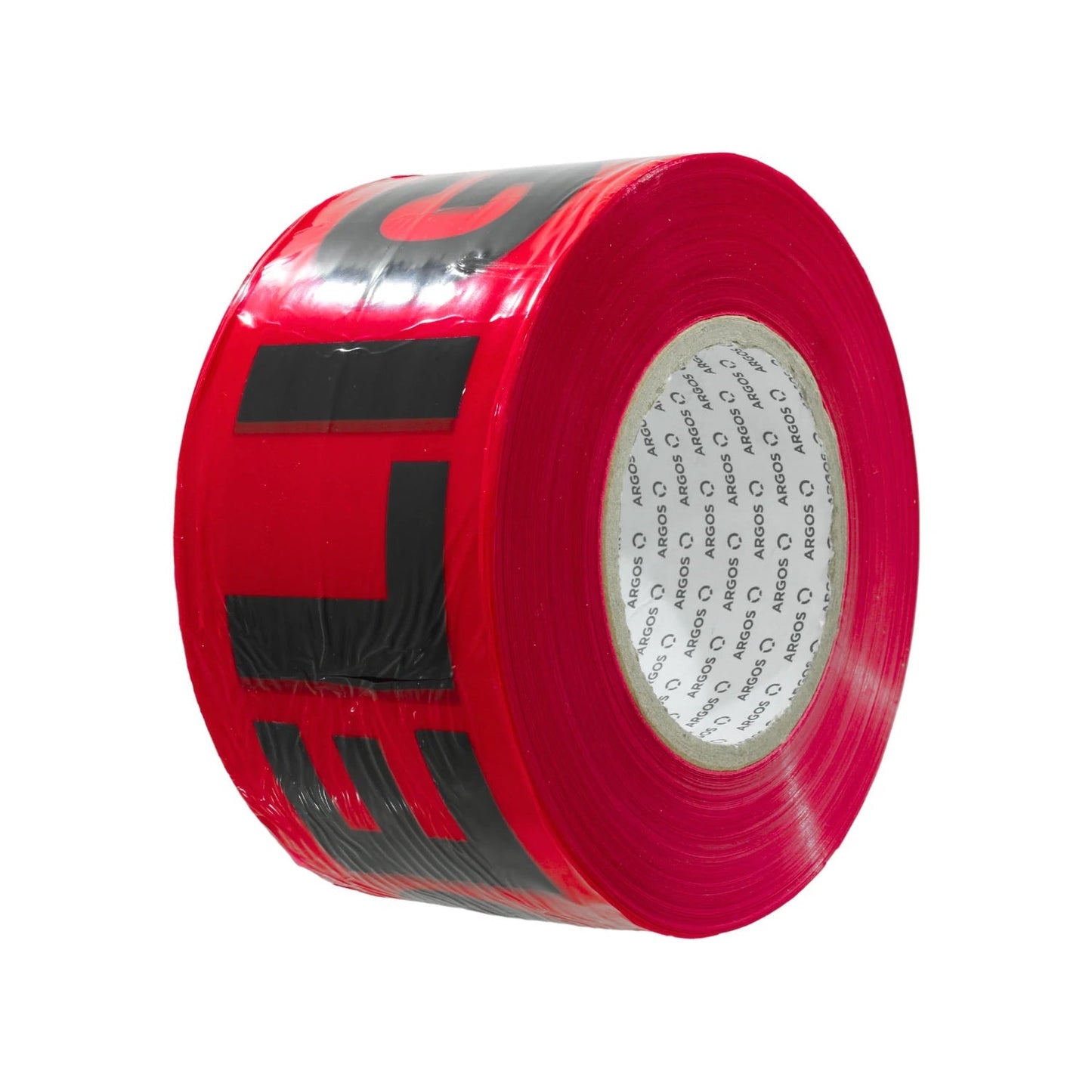 Cinta de barricada roja "PELIGRO" en negro, rollo de señalización grande marca Argos para seguridad y construcción.