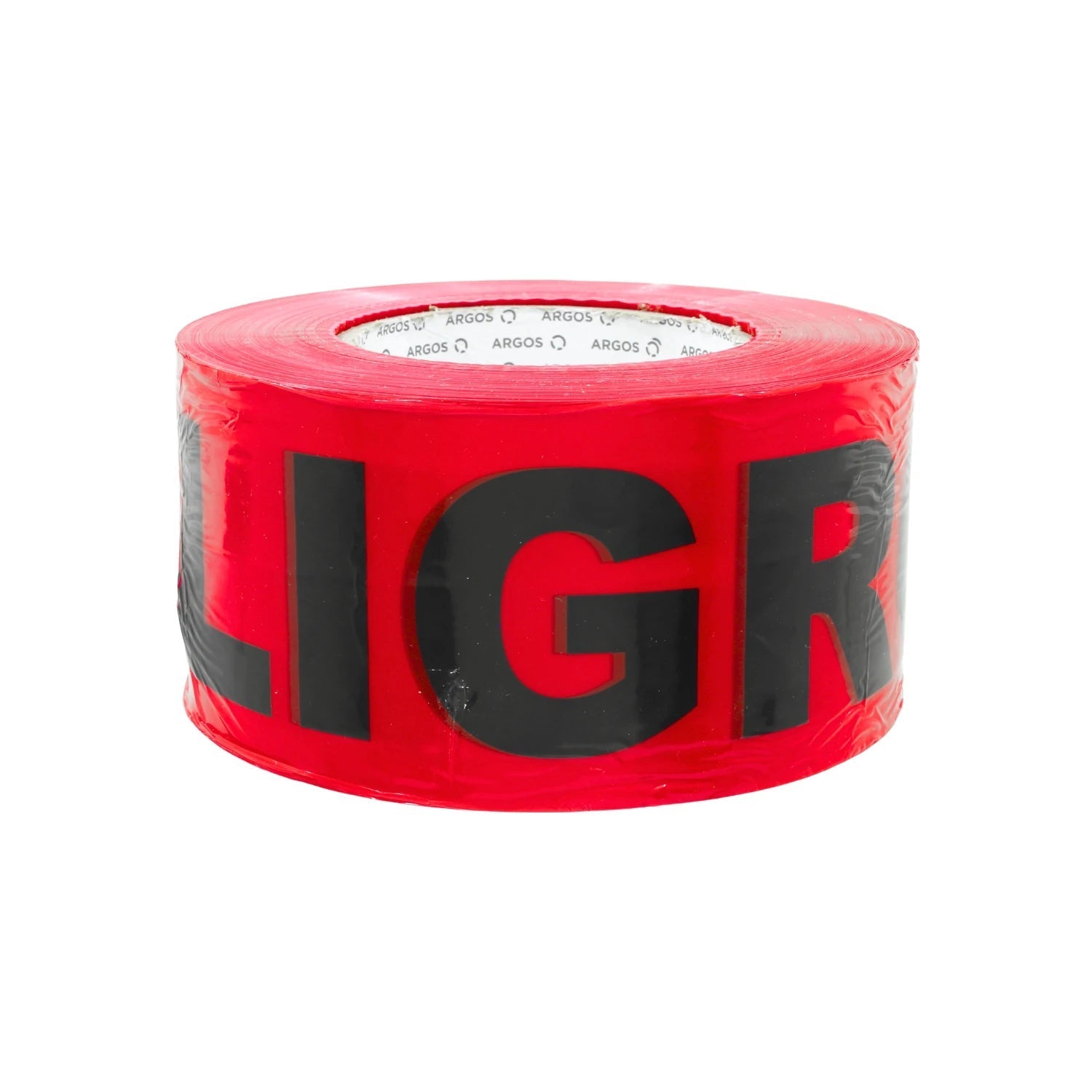 Rollo de cinta roja ARGOS con 'PELIGRO' en negro para señalización de áreas de riesgo o barricadas
