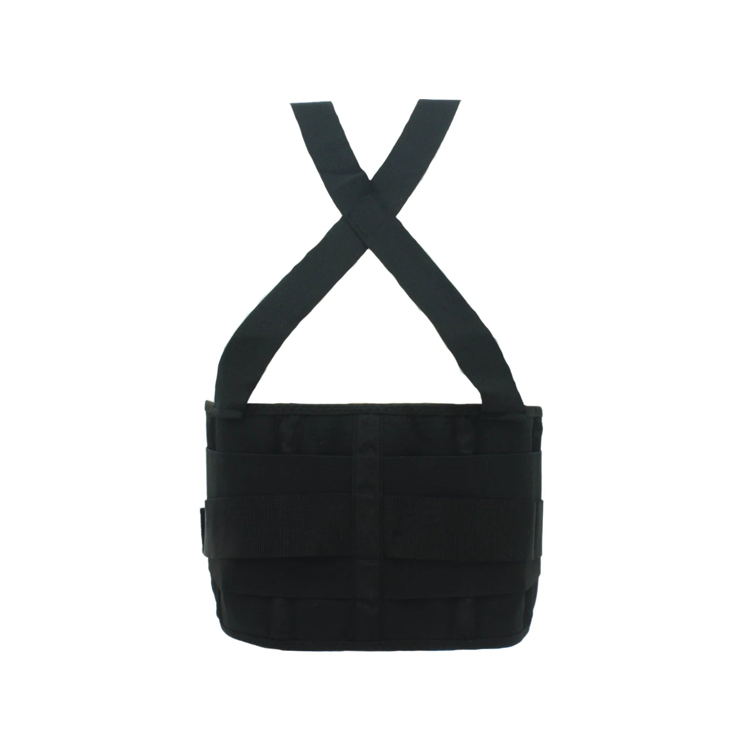 Faja de soporte lumbar industrial negra con tirantes en X para trabajo y protección de espalda.