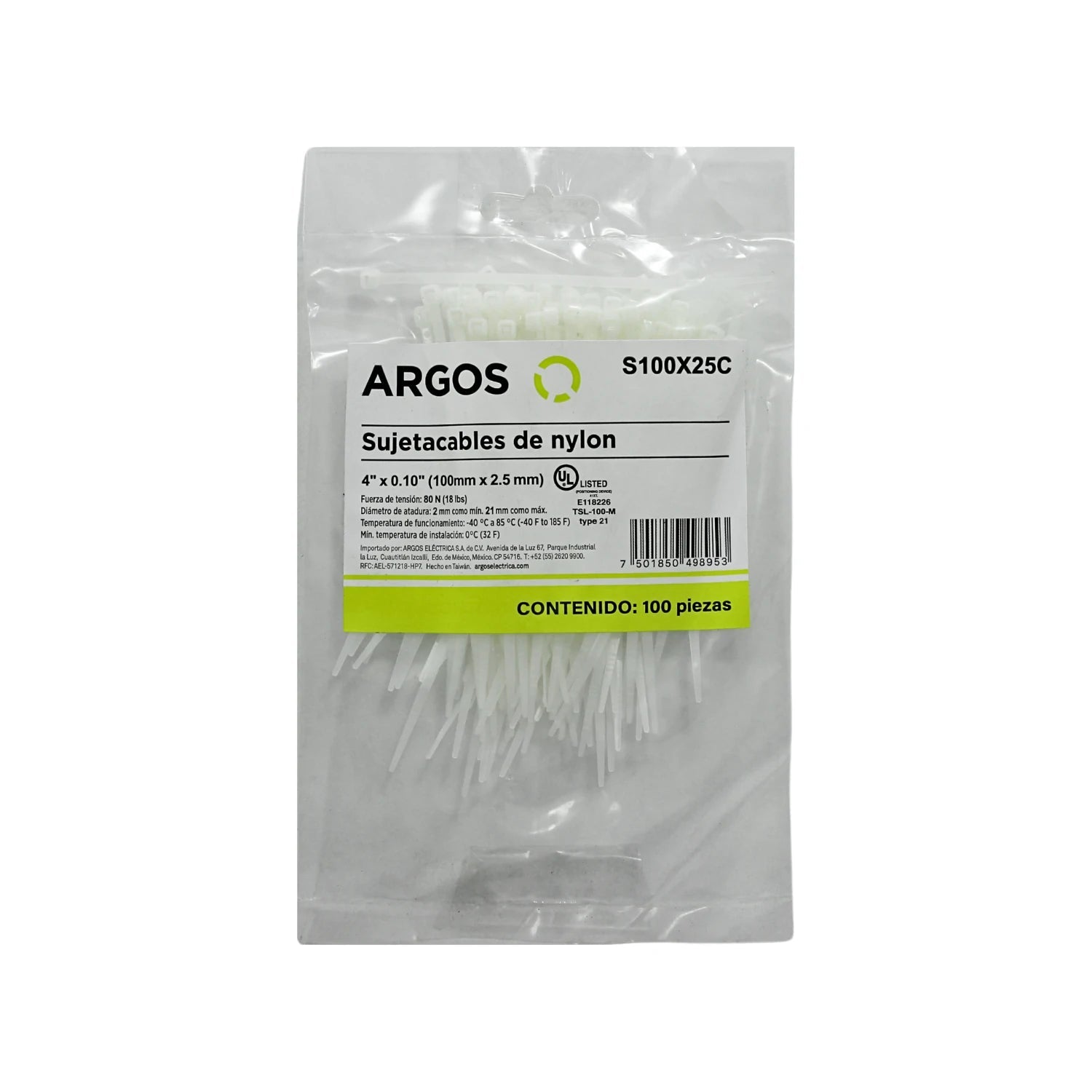 Sujetacables de nylon ARGOS blancos 4" (100mm) 100 piezas, alta resistencia para organización de cables S100X25C