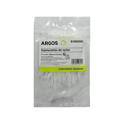Sujetacables de nylon ARGOS blancos 4" (100mm) 100 piezas, alta resistencia para organización de cables S100X25C