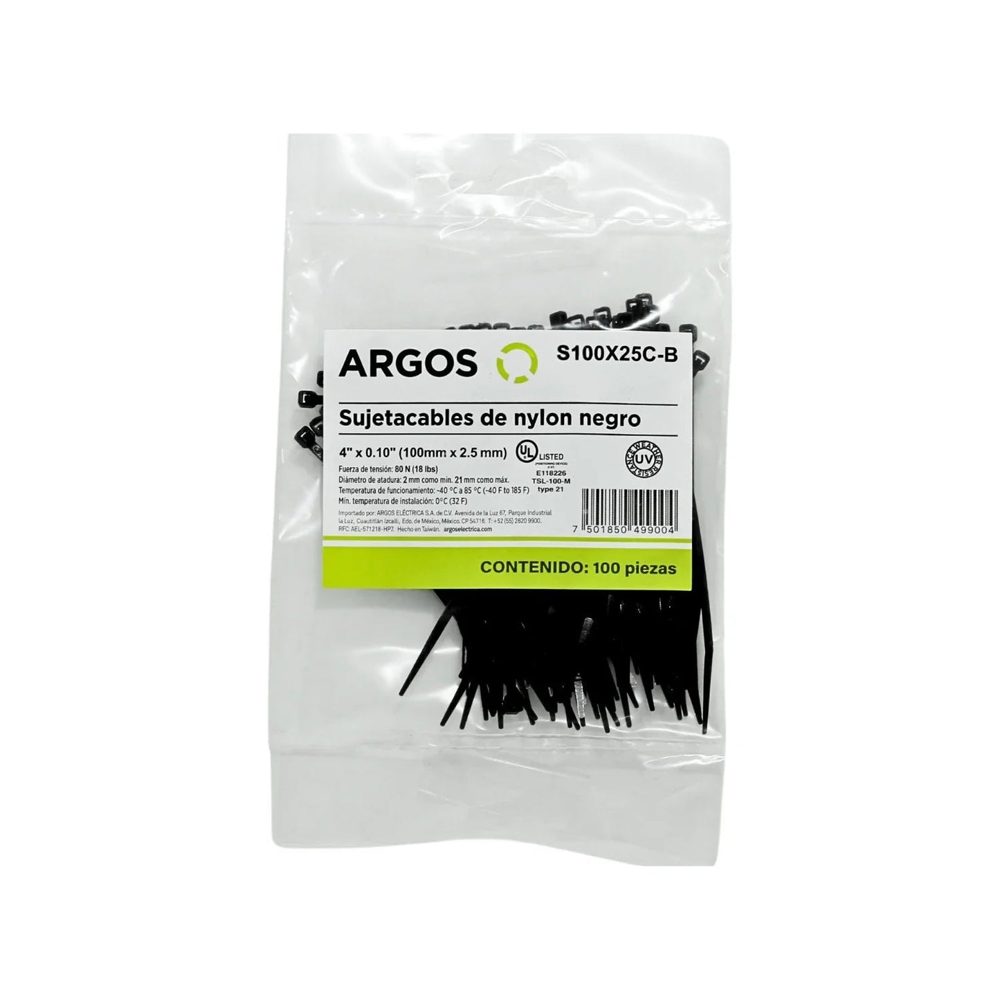 Cinchos sujetacables de nylon negros Argos 4" (100mm) x 2.5mm, 100 piezas, UV resistente