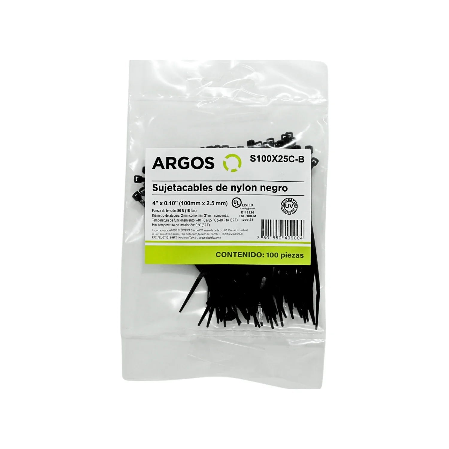 Cinchos sujetacables de nylon negros Argos 4" (100mm) x 2.5mm, 100 piezas, UV resistente