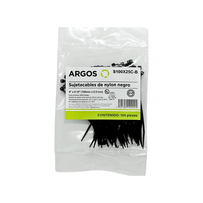Cinchos sujetacables de nylon negros Argos 4" (100mm) x 2.5mm, 100 piezas, UV resistente