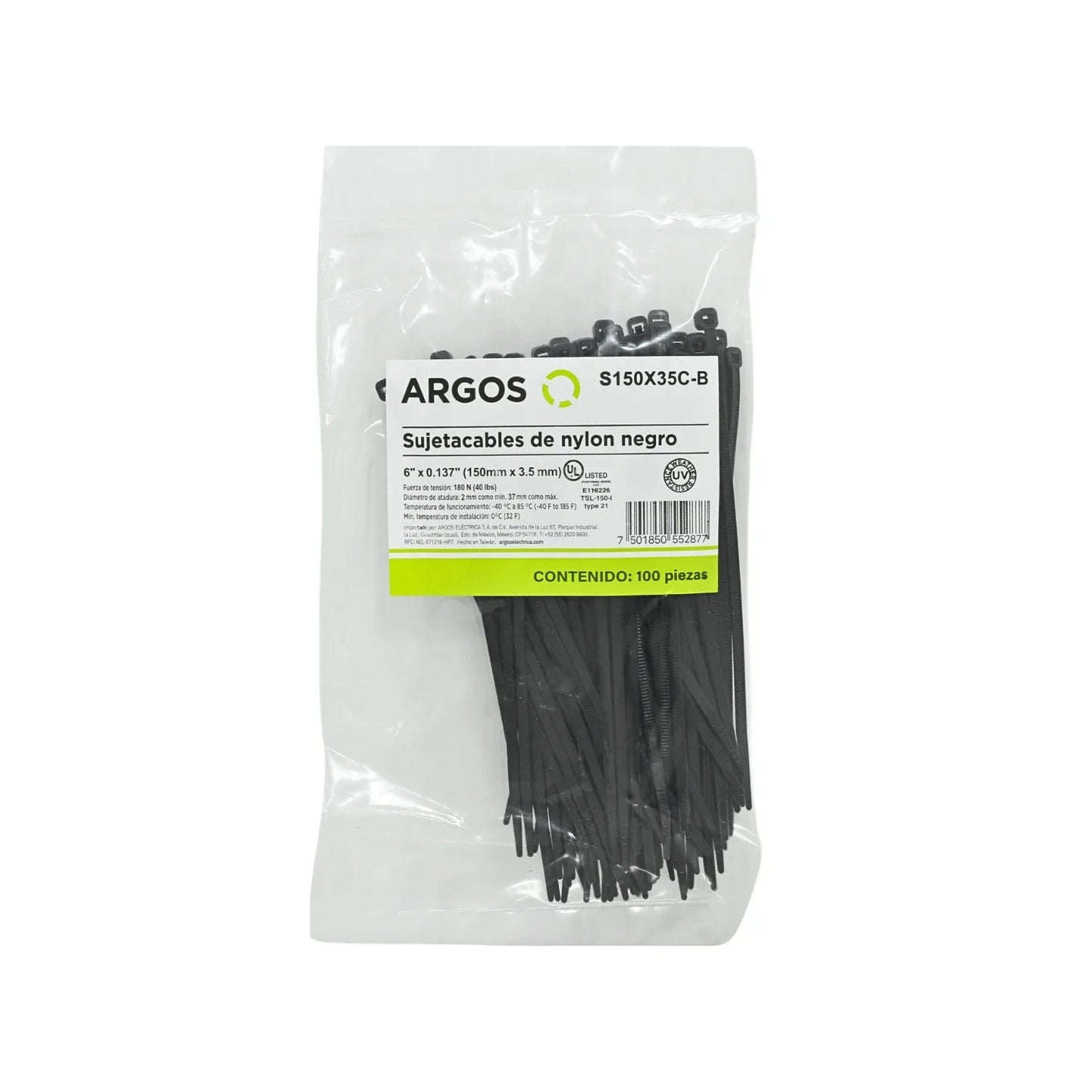 Cinchos de nylon negros Argos S150X35C-B 6" (150mm), 100 piezas, resistentes UV para organización de cables