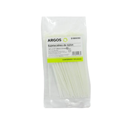 Cinchos de nylon blancos Argos S180X35C 180mm x 3.5mm (7") para cables, paquete de 100 piezas