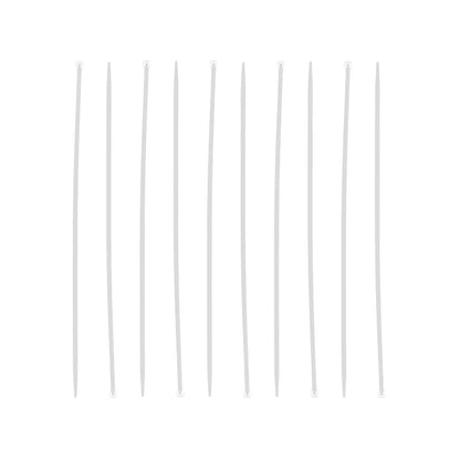 Diez cinchos blancos de plástico para organizar y sujetar cables, ideales en instalaciones eléctricas y ferretería.