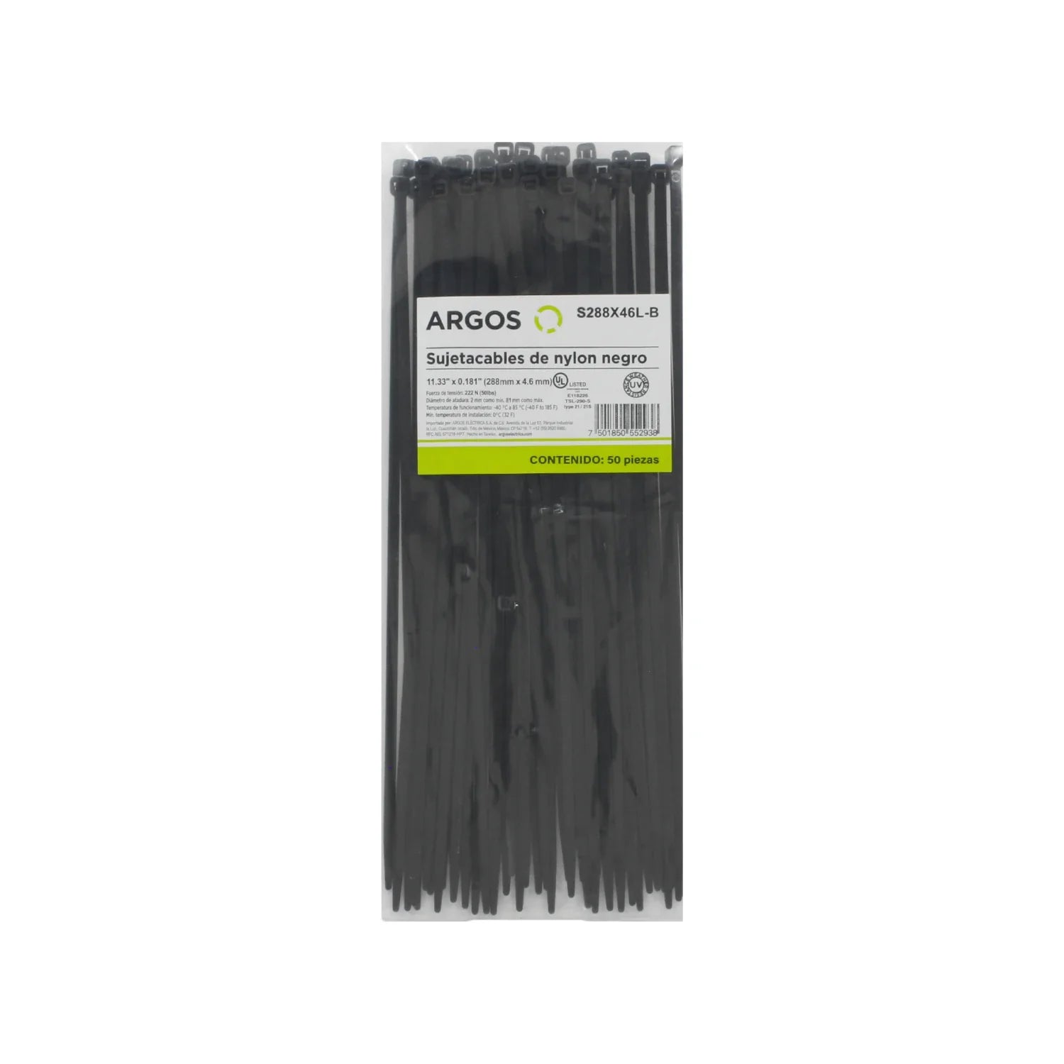 Cinchos sujetacables Argos de nylon negro 11.33" x 0.181", UV resistentes, paquete de 50 piezas para organización