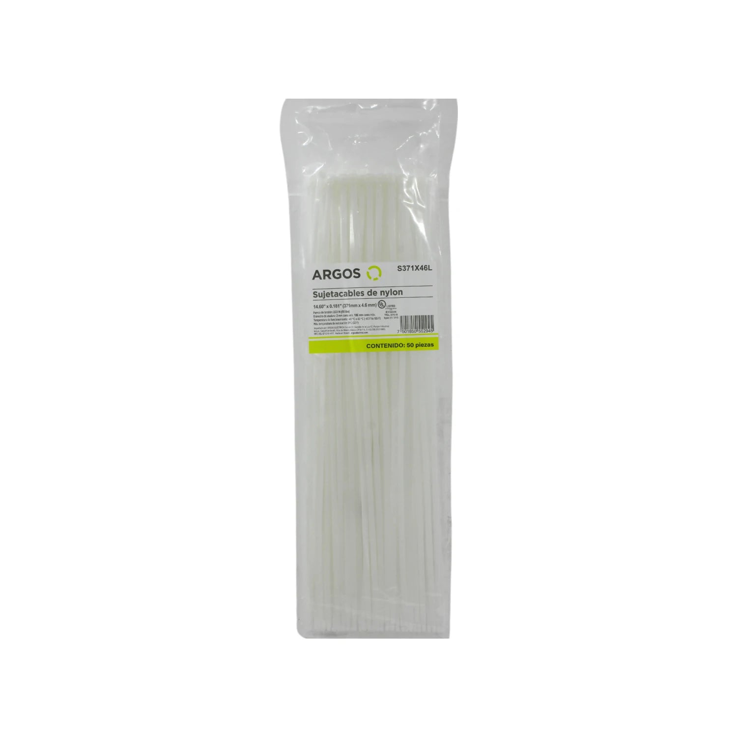 Cinchos sujetacables de nylon blancos Argos S371X46L de 14 pulgadas (371mm) y 4.6mm, paquete de 50 piezas