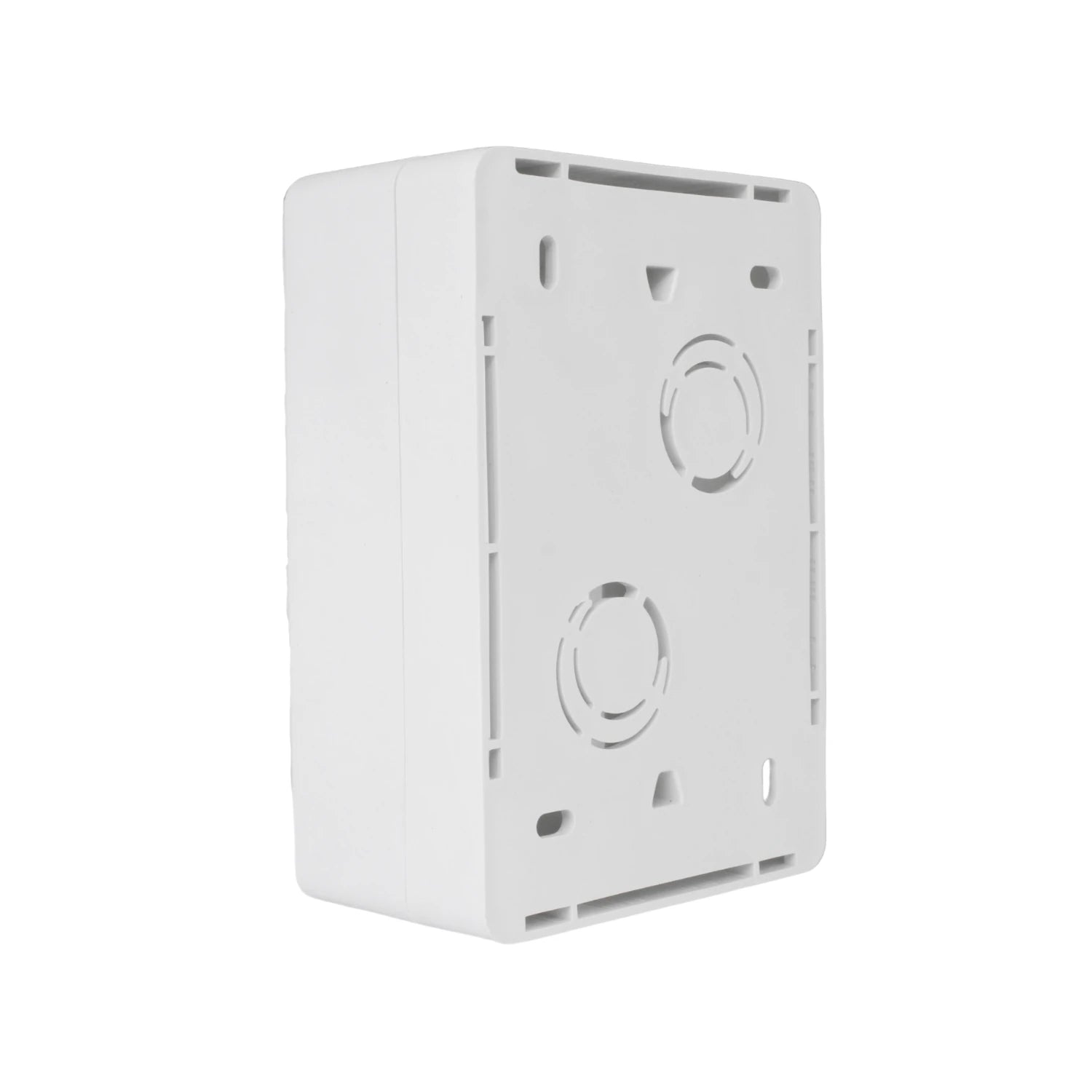 Caja de plástico universal blanca con troqueles de entrada de cable y puntos de montaje para instalaciones eléctricas.