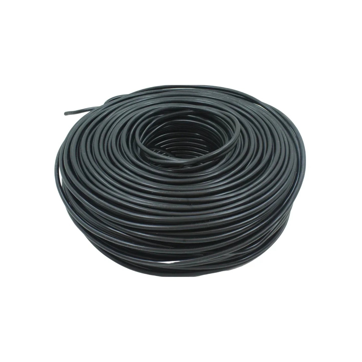 Rollo compacto de cable eléctrico negro, ideal para cableado y conexiones seguras.
