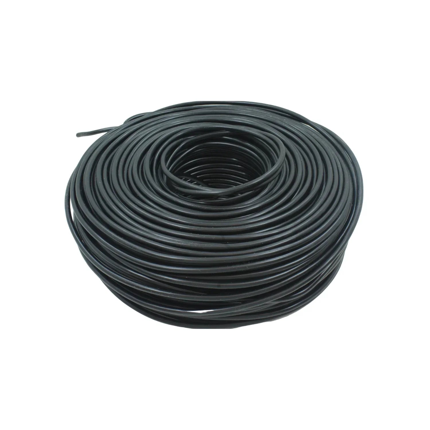 Rollo compacto de cable eléctrico negro, ideal para cableado y conexiones seguras.