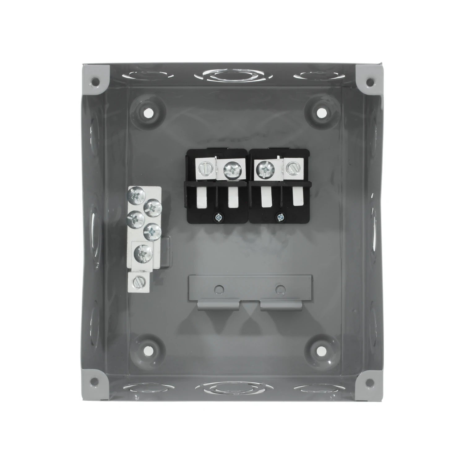 Centro de carga de sobreponer gris, caja metálica con terminales eléctricas para 4 pastillas
