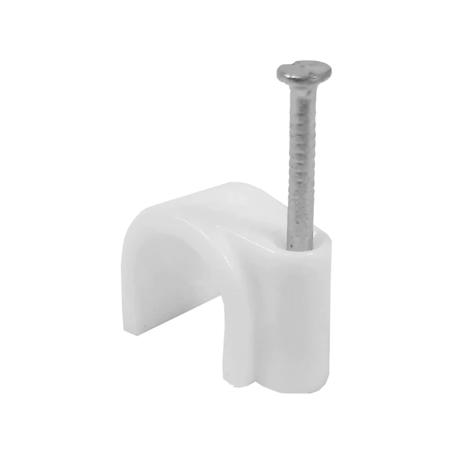 Grapa sujetacables curva de plástico blanca con clavo para fijación de cables eléctricos