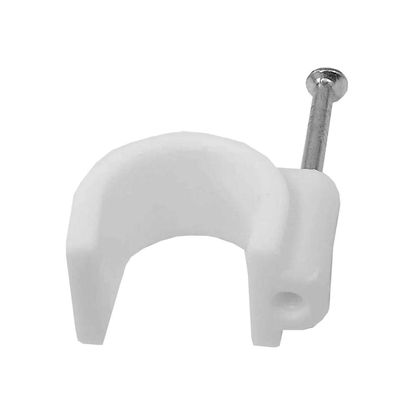 Grapa curva blanca para cable de 16mm con clavo integrado, para fijación de instalaciones eléctricas